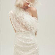 End Scene Dress In White. Feather Trim With Sequins. Size S But Fit Is More Consistent With Xs. Purchased For Bachelorette But Arrived Too Late. Would Be Adorable For Glam Bridal Events. Feather Party Dress, Scene Dress, Sequined Fabric, White Sequin Dress, Ostrich Feather Trim, Wedding Reception Dress, Feather Trim, Bridal Event, Holiday Tops