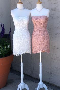 Strapless White Lace Appliques Homecoming Dress Pink Short Formal Dress, Dress Pastel Color, White Lace Prom Dress, Cocktail Pink, Lace Short Dress, School Event Dress, Homecoming Dress Short, Mini Prom Dresses, Pink Homecoming Dress