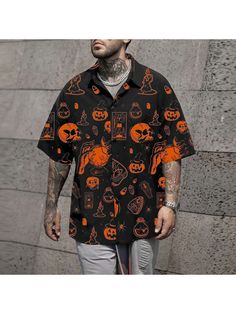 Men Shirts, Men's Halloween Skull Print Shirt With Lapel And Short Sleeves Casual Halloween Streetwear Shirt, Long Sleeve Skull Print Halloween Shirt, Halloween Skull Print Short Sleeve Shirt, Halloween Skull Print Long Sleeve Shirt, Long Sleeve Halloween Streetwear Shirt, Halloween Casual Shirt With Skull Print, Casual Halloween Shirt With Skull Print, Fall Skull Print Short Sleeve Shirt, Fall Short Sleeve Shirt With Skull Print