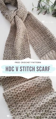 a crocheted scarf with text overlay that says, free crochet pattern hdc v stitch scarf