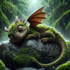 a green dragon sitting on top of a rock covered in moss and raindrops