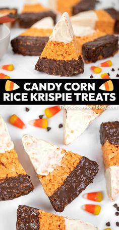 halloween candy corn rice krispie treats on a white plate with the words, candy corn rice krispies treats