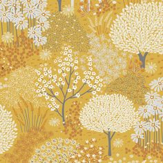 an orange and white floral wallpaper with trees