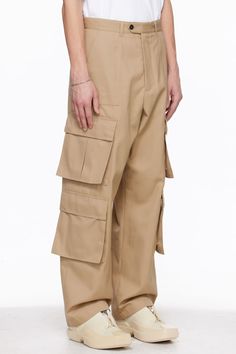 Polyester- and cotton-blend gabardine cargo pants. · Paneled construction · Belt loops · Four-pocket styling · Zip-fly · Bellows pockets at outseams · Horn hardware Supplier color: Beige Baggy Cargo Pants With Patch Pockets, Khaki Parachute Pants With Multiple Pockets For Work, Khaki Cargo Jeans With Flap Pockets, Baggy Straight Cargo Pants With Multiple Pockets, Baggy Full-length Cargo Pants With Patch Pockets, Khaki Parachute Pants With Cargo Pockets, Utility Parachute Pants With Cargo Pockets, Baggy Straight Cargo Pants With Flap Pockets, Baggy Work Pants With Cargo Pockets