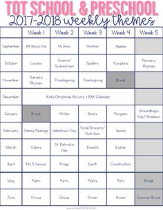 a printable tot school and preschool calendar