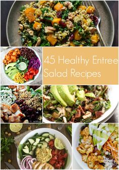 a collage of photos showing different salads