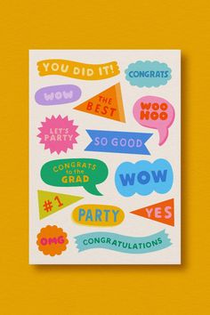 Greeting card design featuring multiple colourful shapes like banners, stars and speech bubbles with text reading 'you did it', 'wow' and 'congratulations. The card is on a warm yellow background. Graphic Design Styles, Page Layout Design, Graphic Design Cards, Grad Cards, Stationery Inspiration, 카드 디자인, Greeting Card Illustration, Backdrop Design