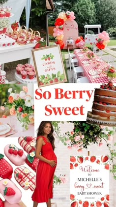 a woman in a red dress is standing next to some desserts and strawberry cakes