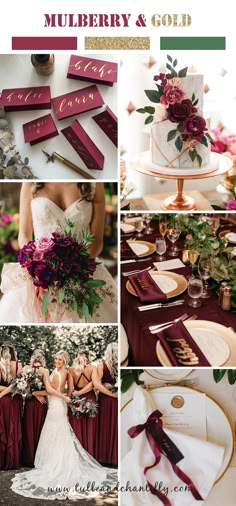 a collage of photos with red and gold wedding colors