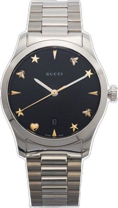 Gucci Designer Watch With Date Indicator, Elegant Gucci Watch With Date Indicator, Gucci Automatic Round Watches, Gucci White Gold Polished Watches, Gucci White Gold Watch With Polished Finish, Gucci Watch With Date Indicator And Round Dial, Luxury Gold Gucci Watch, Gucci Luxury Gold Watch, Designer Black Watch With Polished Finish