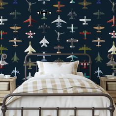 Aviator Wallpaper by Wall Blush in a stylish bedroom, showcasing airplane patterns with a modern aesthetic. Aviator Wallpaper, Shared Boys Bedroom Ideas, Wallpaper For Renters, Orange Peel Wall Texture, Airplane Room, Wall Blush, Orange Peel Texture, Concrete Wallpaper, Support Wall