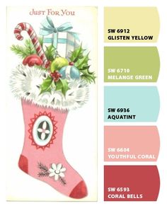 a christmas stocking with candy canes and other holiday decorations on it's side