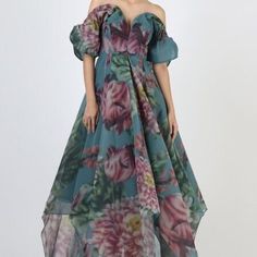 New W/O Price Tag Is An Overstock Outlet (Has Black Line Going Thru Cloth Label Name To Prevent Store Return) Authentic Geisha Designs Dress - Off The Shoulder Floral Appliqu Dress - Size Tag Missing; Estimating A Size Xl/Xxl; Measures Approx. 34" Waist, 19" Flat From Pit To Pit, Approx. 43" Total Width -Polyester; Nylon, Rayon Lining Floral Appliqu 3d Embellishments Back Zip Padded Cups - Metal Side Bars Dry Clean Imported Short Sleeve Summer Evening Gown, Blue Floral Print Maxi Dress For Evening, Green Floral Print Spring Gown, Green Floral Print Gown For Spring, Green Floral Print Gown, Spring Green Gown With Floral Print, Spring Silk Off-shoulder Evening Dress, Spring Green Floral Print Gown, Summer Green Floral Print Gown