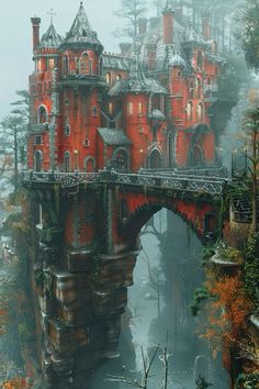 an image of a castle in the middle of a forest with a bridge over it