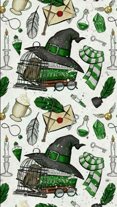 a green and white pattern with some hats on top of each other in front of a birdcage