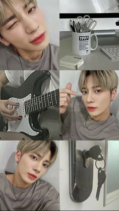 a collage of photos with a person holding a guitar and looking at the camera