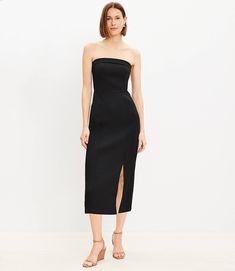 Strapless Midi Dress Sleek Bodycon Midi Dress With Straight Neckline, Sleek Dresses With Straight Neckline And Stretch, Stretch Strapless Knee-length Cocktail Dress, Sleek Stretch Midi Dress For Cocktail, Sleek Bodycon Strapless Dress For Date Night, Elegant Longline Bodycon Dress For Night Out, Elegant Longline Bodycon Midi Dress, Sleek Bodycon Dress With Straight Neckline, Sleek Strapless Bodycon Dress