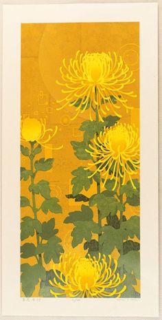 Chrysanthemum in the Golden Autumn - by Masahiko Honjo Yellow Japanese Aesthetic, Bonsai Illustration, Chrysanthemum Illustration, Chrysanthemum Painting, Chinoiserie Print, Yellow Chrysanthemum, Botanical Floral Prints, Golden Autumn