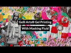 a woman standing in front of a wall with graffiti on it and the words geli arts @ gel printing with masking fluid