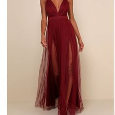 Brand New With Tags, Still In Original Packaging (I Didn't End Up Needing And Missed The Return Policy Window) Product Listing: Https://Www.Lulus.Com/Products/Rare-Beauty-Burgundy-Tulle-Backless-Maxi-Dress/879562.Html Red Sheer Dress For Date Night, Red Sheer Maxi Dress For Evening, Red Sheer V-neck Dress, Chef Kiss, Burgundy Maxi Dress, Tulle Maxi Dress, Full Maxi Skirt, Backless Maxi Dress, Dress Tulle