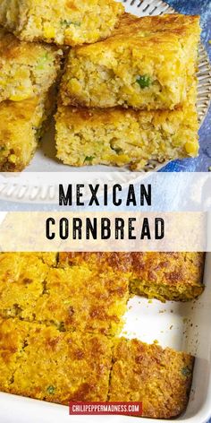 mexican cornbread is cut into squares and placed on a plate