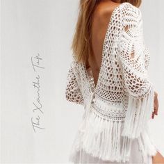 Super Cute Crochet Top, First Few Photos Are In White But The Item Is More Of A Cream Color. Such Amazing Details And Fringe, Perfect Vacation Or Cover Up Item, Or For A Festival! Can Be Worn With Tie In Back, As A Backless Top, Or The Other Way Too. Amazing Quality Never Been Worn, Tag Still On. Size Large But Could Fit Many Sizes. Bohemian White Fitted Crochet Top, Bohemian Fitted White Crochet Top, White Fitted Bohemian Crochet Top, Elegant White Open Knit Crochet Top, White Bohemian Crochet Top With Open Knit, Cute Crochet Top, Super Cute Crochet, Backless Top, Cute Crochet