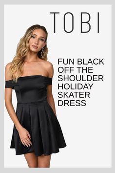 Celebrate in style in this fun black off the shoulder holiday skater dress. Can you imagine getting dress up cocktail party gowns for Christmas and New Year's Eve outfits on sale? Now's your chance to save. Why pay more when you can get sparkly winter festivity clothing and beautiful formal attire for ladies at affordable prices from TOBI. #shoptobi #holidaydress #skaterdress Flowy Dress Short, Skater Mini Dress, Skirt With Pleats, Black Skater Dress