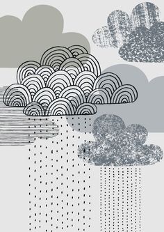 an abstract drawing of rain and clouds in grey, black and white colors on a light gray background