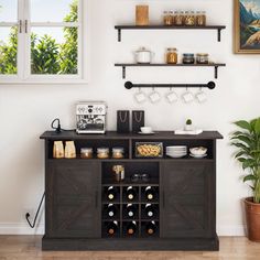 a kitchen area with shelves, wine rack and potted plant