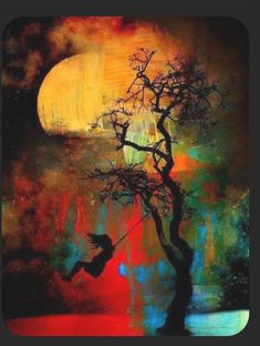 a painting of a person swinging on a tree with the moon in the sky behind them