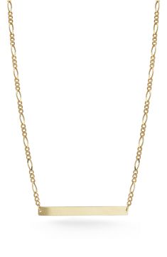 Crafted in Italy from warm 14-karat yellow gold, this minimalist necklace features a figaro chain with a horizontal bar pendant for elegant shine. 18" length; 0.1"W x 1.15"L pendant 14k gold Made in Italy Elegant Nameplate Necklace With Figaro Chain, Modern 14k Yellow Gold Bar Necklace, Classic Everyday 14k Gold Bar Necklace, Everyday Yellow Gold Rectangular Bar Necklace, Classic Yellow Gold Rectangular Bar Necklace, Classic Yellow Gold Bar Necklace With Cable Chain, Classic Yellow Gold Bar Necklace With Rectangular Pendant, Rectangular Yellow Gold Bar Necklace For Everyday, Everyday Rectangular Yellow Gold Bar Necklace