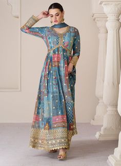 Buy Indian Anarkali - Blue Organza Silk Embroidery Printed Anarkali Suit Shop Indian Dresses In USA, UK, Canada, Germany, Mauritius, Singapore With Free Shipping Worldwide. Alia Cut, Silk Anarkali Suits, Silk Anarkali, Gaun Fashion, Regal Design, Salwar Kamiz, Designer Anarkali, Indian Wedding Wear, Stylish Dress Book