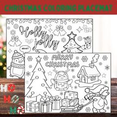 two christmas coloring pages on a table with candy canes and presents in the background