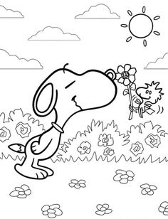 a cartoon dog smelling a flower in the grass with sun and clouds behind it, outlined in black and white