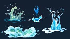 four different types of water splashing in the air on a black background, with blue and green colors