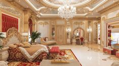 a lavish bedroom with gold and red decor, chandelier, bed, couches, rugs