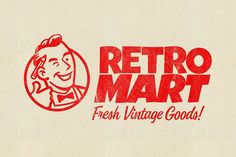 a red and white logo for a fresh vintage goods store with a man in a bow tie