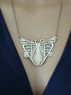 "Vintage Jewelry - Art Deco Necklace - Vintage Necklace - Butterfly Necklace - Statement Necklace - Chloes Vintage - handmade jewelry This is such a beautiful vintage necklace! A large brass Art Deco butterfly hangs from a pretty vintage brass ladder chain. So very bold and feminine. Chloe says, \"Wear it and feel fabulous!\" This pendant is 3\" wide and 2 1/8\" tall Thanks for visiting Chloe's" Bronze Jewelry With Artistic Design, Silver Art Deco Brass Jewelry, Art Deco Silver Brass Jewelry, Artistic Bronze Jewelry With Artistic Design, Handmade Brass Art Deco Jewelry, Art Nouveau Pendant Necklaces For Jewelry Making, Artistic Silver Brass Jewelry, Handmade Silver Art Deco Jewelry, Handmade Art Deco Sterling Silver Necklace