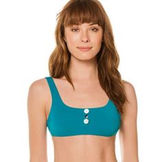 Brand New, Never Worn Becca Bikini Top With Tie Back Features Front Cutout With Button Detail Removable Cups Ties At Back Color Blue/Blue Green Approximate Size + Fit Size M (Size 6-10, Bust 36" - 37", Underbust 30" - 31") Material 83% Nylon Repreve, 17% Lycra - Made From Recycled Nylon. Condition Nwt - Never Worn. Open To Bundles And Offers. Buttoned Swimwear For Beach In Summer, Buttoned Swimwear For Summer Beach, Fitted Summer Swimwear With Buttons, Summer Beach Swimwear With Button Closure, Summer Beachwear Swimwear With Button Closure, Blue Tops For Sunbathing, Navy Blue Bikinis, Swim Tankini, Button Detail