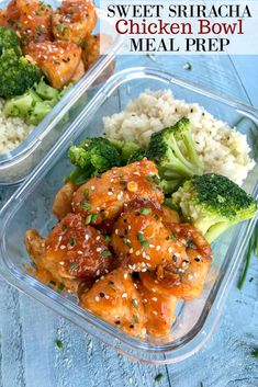 two plastic containers filled with chicken and broccoli next to rice on a blue surface