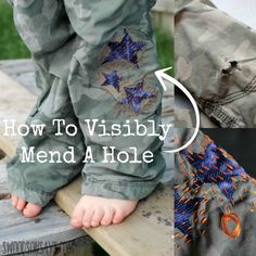 how to visibility mend a hole in camo pants with stitching on them