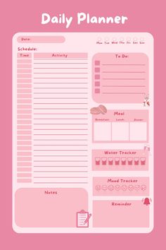 a pink daily planner with the words daily planner written on it, and an image of a