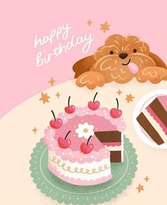 a birthday card with a dog and cake