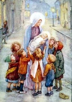 a painting of a woman holding a baby in her arms surrounded by children on the street