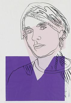 a drawing of a person with short hair and wearing a purple shirt in front of a white background