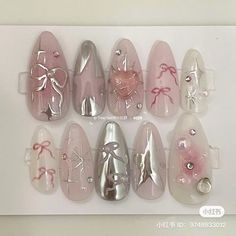 Fake Nails Designs, Asian Nails, Really Cute Nails, Soft Nails, Jelly Nails, Kawaii Nails, Pink And Silver