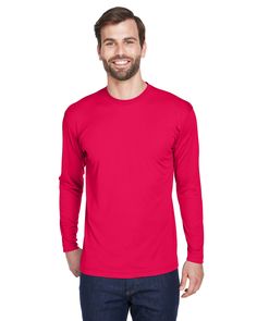 Adult Cool & Dry Sport Long-Sleeve Performance Interlock T-Shirt - RED - S | UltraClub Athletic Adult Cool & Dry Sport Long-Sleeve Performance Interlock T-Shirt in Red Size Small | Polyester Main Label, Athletic Apparel, Athletic Fits, Wholesale Clothing, Black And Navy, Shirts Tops, Long Sleeve Tshirt Men, Work Wear, Mens T