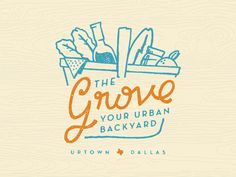 the grove your urban backyard logo with utensils and other items in a box