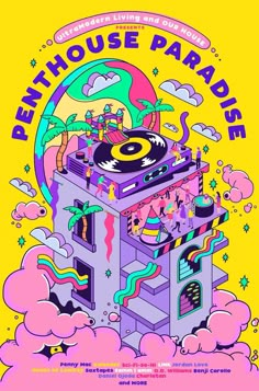 a poster with an image of a dj's turntable in the clouds