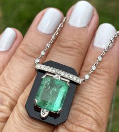 Platinum 14k White Gold 5c Emerald Diamond Onyx Art Deco Vintage Necklace Art Deco Pendant Necklace, Art Deco Jewelry Vintage, Art Deco Pendant, Deco Vintage, Emerald Cut Diamonds, Art Deco Jewelry, Diamond Art, Emerald Diamond, Jewelry Lover